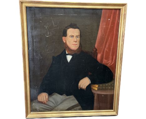 Antique oil painting on canvas; depicting portrait of a seated gentleman. Fitted within a gold wooden frame. [Frame-82x70cm] 