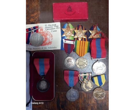 A WWII group of four to M. Melrose of Cupar, 1939-45 War Medal with laurel leaf; Burma Star; Atlantic Star; 1939-45 Star, wit