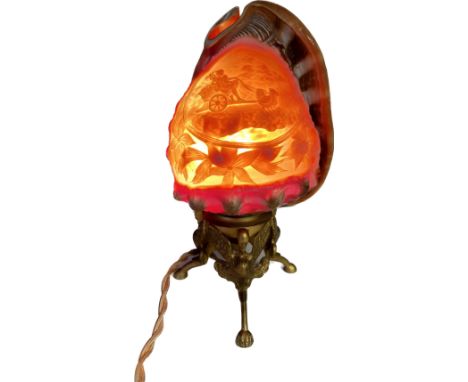 Antique carved Cameo Conch shell table lamp. Sat upon a brass three foot stand. [Working] [21cm high] 