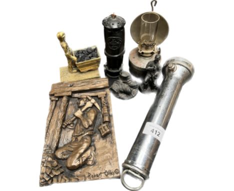 A Selection of minors items; Coal carved figures and minor lamp, Small lantern, Concordia Cardiff hand torch and various othe