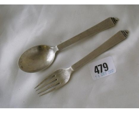 Georg Jensen – pyramid pattern christening  spoon and fork Lon import marks 1922 65g    