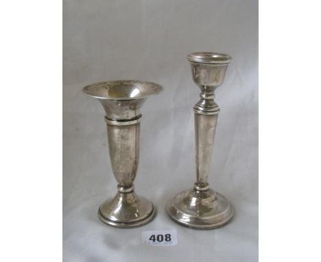 Trumpet shaped spill vase 5” high  Birm mod by B & Co also a single candlestick   