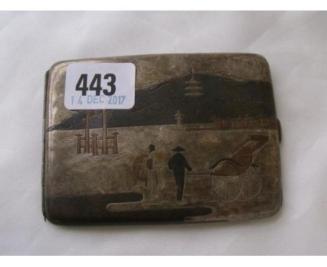 Japanese metal inlaid cigarette case 4” wide  85g inc        