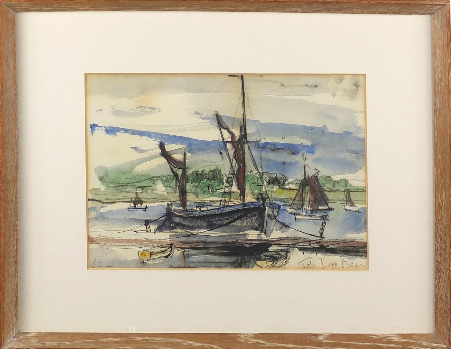 John Knapp Fisher 1962 - Moored sailing boats, ink and watercolour ...