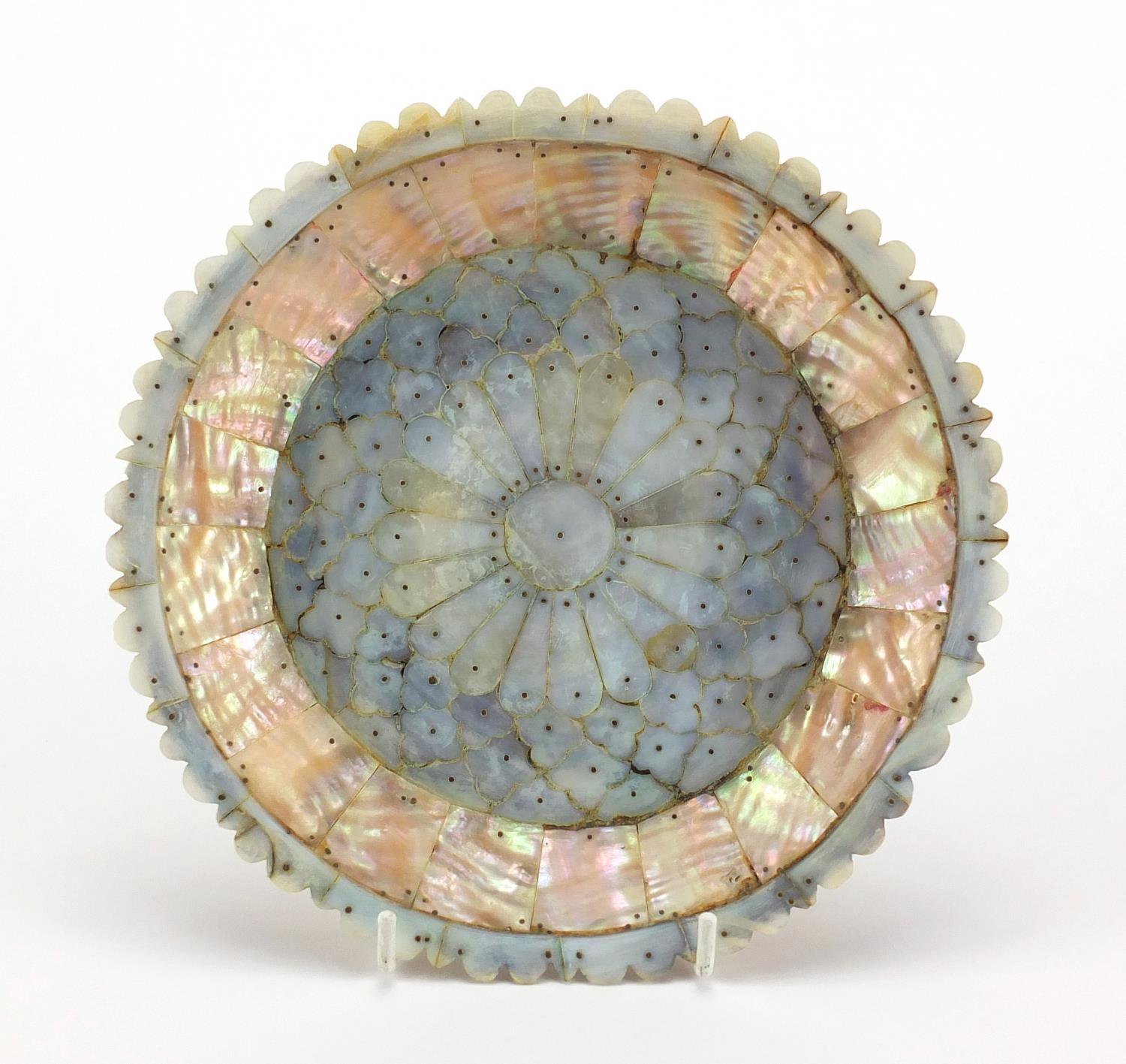 Indian Goa Mother of Pearl Plate, formed of pinned sections, 20cm in