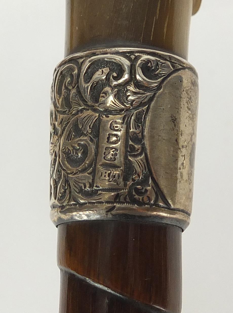 Horn handled walking stick with silver collar and brass ferrule