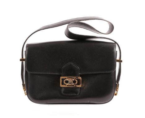 Late 20th Century Celine Paris Black Leather Shoulder Bag with gilt metal mounts, hinged clasp to the fastening with the Celi