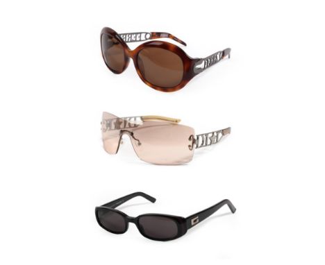 Pair of Dior Pink Tinted Rimless Sunglasses, with 'Dior' to each arm, in a silver hinged Dior case; Pair of Brown Tortoiseshe