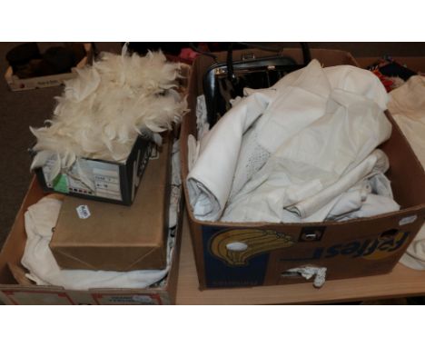 Assorted white linen, embroidered textiles etc (two boxes)