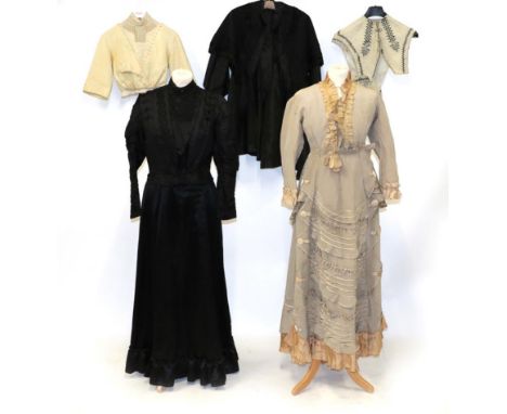 Assorted Circa 19th Century and Later Costume, comprising a black silk dress with lace mount to the bodice, button and tab de