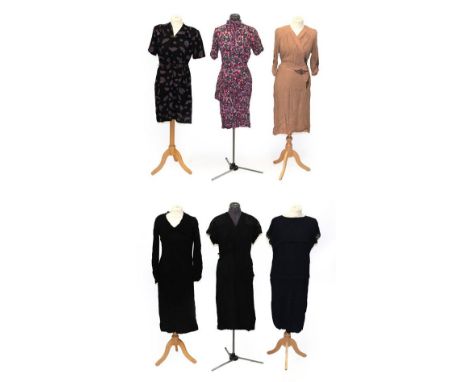 Assorted Circa 1930/40 Dresses, including Linda Leigh Model black crepe short sleeved dress with machine lace mount to the sh