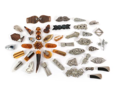 Assorted Circa 1930's and Later Dress Clips, Belt Buckles, including five paste and marcasite set duette brooches; nine paste