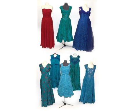 Assorted Circa 1960's Evening Wear, comprising a Romney Model for Cairds Dundee turquoise silk full length brocade dress with