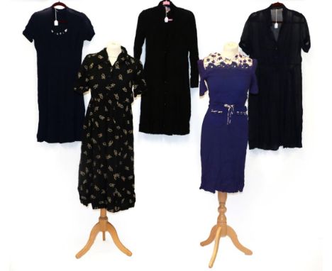 Assorted Circa 1930/40 Dresses, including a For You by Blanes black wool short sleeved dress woven with dancing figures in cr