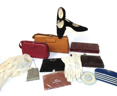 Circa 1920-50's Costume Accessories, including a black pleated silk clutch evening bag with velvet trim and marcasite buckle;