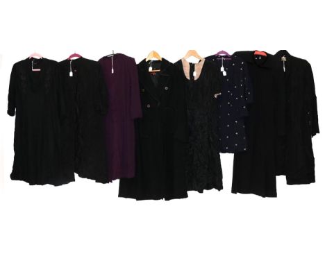 Assorted Circa 1930/40 Dresses, Jackets etc, including a black silk taffeta three quarter length coat with round neck; purple