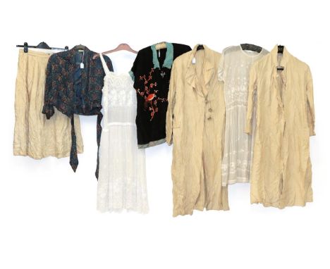 Assorted Circa 1920's Daywear, including a white cotton short sleeve drop waist dress with scooped neck and machine embroider