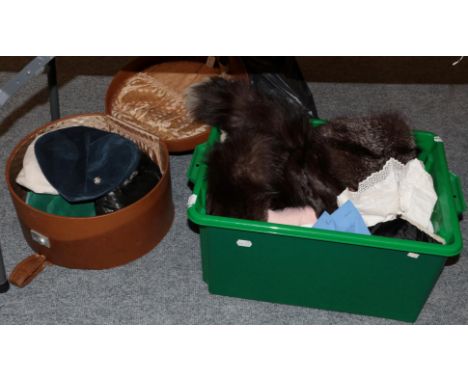 Assorted white linen, textiles, night dresses, fox fur stole, another, feather boa, handbags, red silk embroidered robe, asso