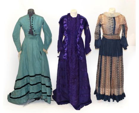 Victorian Purple Silk and Velvet Trimmed Dress, with a ruched panel to the centre of the skirt flanked by button and tab deta