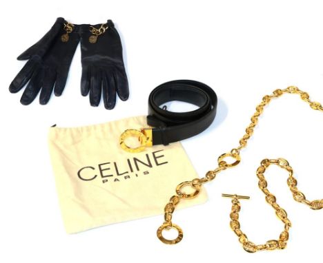 Celine Paris Gilt Metal Chain Link Belt and a Celine Black Leather Belt with similar gilt metal buckle; Pair of Hermes Navy B