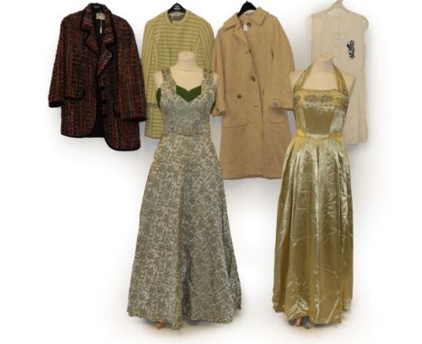 A Group of Assorted 20th Century Costume, comprising a silver and green brocade evening dress, with green pleated detail to t