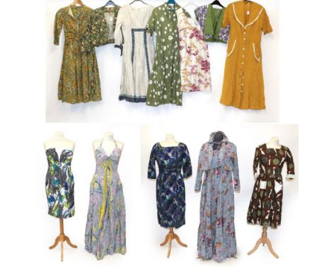 Circa 1950's and Later Mainly Printed Cotton Dresses and Skirts, comprising a sage green, yellow and blue dress with elbow le