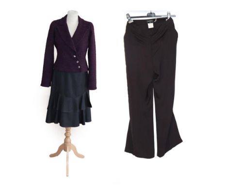 Chanel Wool Mix Jacket, woven in purple and blue, with long sleeves, two inserted pockets, cropped waist, three button diagon
