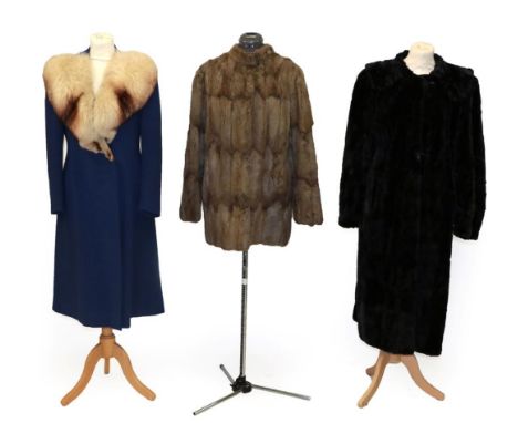 Circa 1940's J P Leslie Ltd Leeds Blue Crepe Coat with fox trimmed collar; Rebutex Black Moleskin Coat, with long cuffed slee