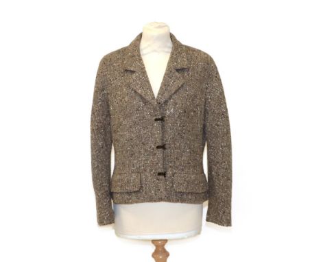 Chanel Light Brown Loose Woven Jacket, woven with metallic threads, brass clasps for fasteners (size 42) 