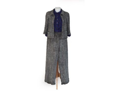 Chanel Trouser Suit, in wool, cotton and silk mix petrol blue, white, grey and metallic woven threads, comprising a pair of t