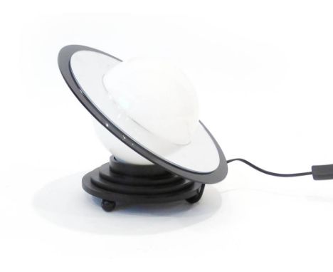 A 1970's style desk lamp in the form of Saturn, the glass spherical shade surrounded by an adjustable mirrored ring, d. 34 cm