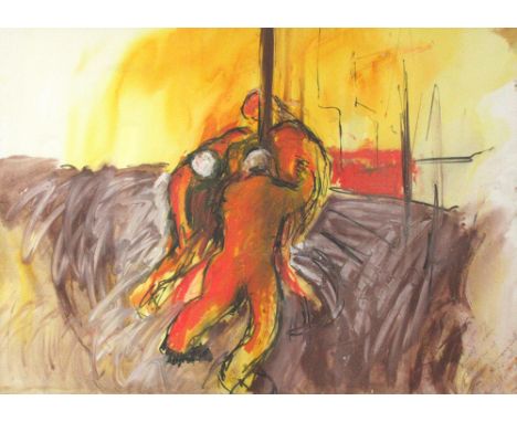Len Tabner (b.1946),'Stripping out drill pipes...'signed in pencil and dated 'Jan 28th 88 Monday 2.00 am',mixed media,50 x 70