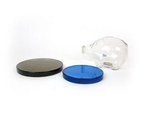Gunnar Ander for Lindshammar, a glass money box moulded as a pig, together with two glass architectural blocks of circular fo