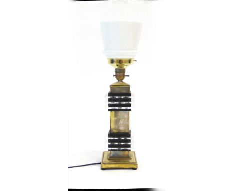 A 1970's brass desk lamp with acrylic rectangular bands and a white glass shade, h. 48 cm   CONDITION REPORT:  Lead cut, work