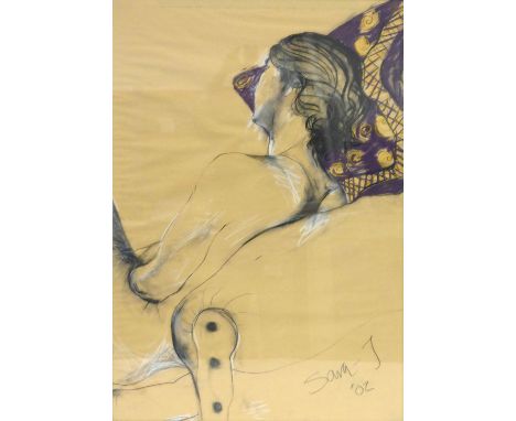 Sara J (contemporary, British/South African), a study of a reclining lady,signed and dated '02,mixed media,64 x 98 cm   CONDI