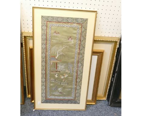 A framed silk embroidery, together with 2 framed prints (3)