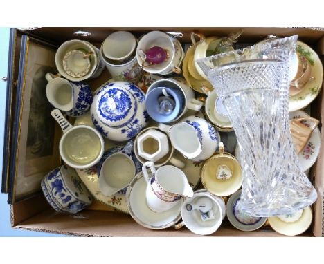 A box of miscellaneous, including brass bell, scent bottle, Wedgwood, blue and white print miniature tea service, commemorati