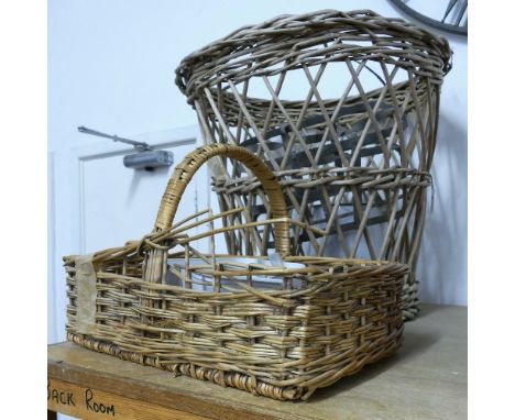 A cane log basket, bottle carrier and enamel jug, together with wicker basket and box of brass fittings (2)