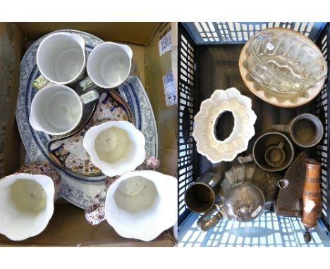 A box of china, including meat plates, graduated jugs and other matching jugs and a box of jelly moulds and metal ware includ