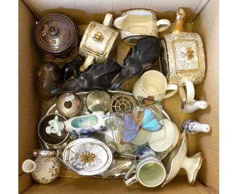 A box of miscellaneous, including tobacco jar, tea service, commemorative ware, carved elephants, plated teapot, glassware, s