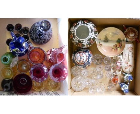 A box of coloured glass ware, including decanter and 6 glasses together with a box of mixed china and glass including Royal D