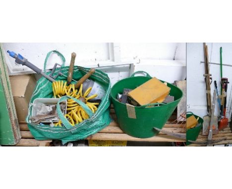 A selection of garden tools, together with a garden trug and contents of tools - plane, t-square etc and a bag of tools inclu