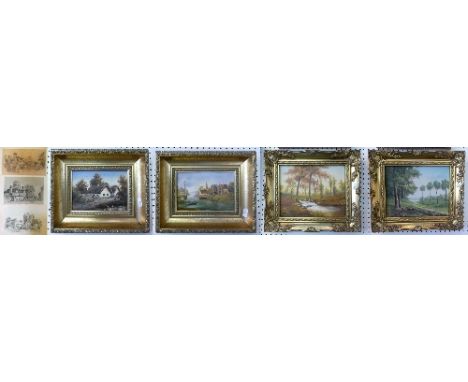 Four modern gilt framed oils, depicting woodland scenes, together with 3 unframed prints (7)