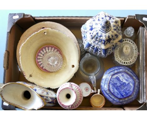 A box of china and glassware, including Ringtons tea caddy, lidded urn etc