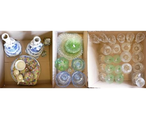 Two boxes of glassware, together with a box of china which includes a pair of candlesticks, chintz Bachelor tea service (3)