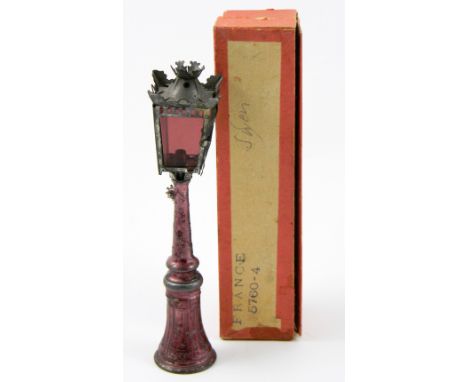 A miniature soft metal and tin Street Light by J.S of Paris, circa 1880, pressed decorative post finished in a purple wash, w