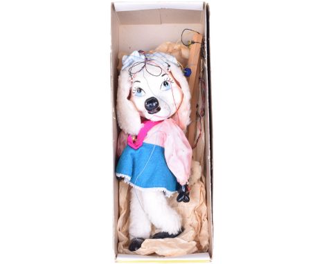 Pelham Puppet SL Poodle, 1963, carved painted head, hands and feet, wool ears and legs, dressed, yellow box, excellent condit