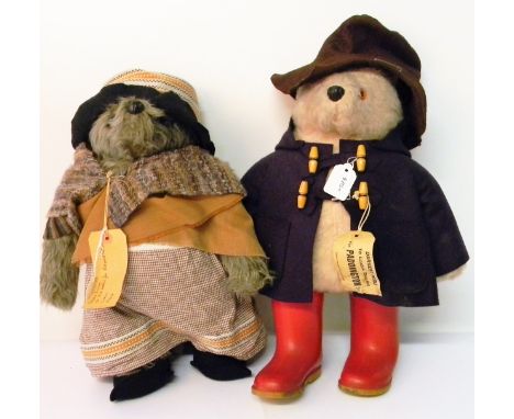 Paddington Bear and Aunt Lucy, Gabrielle designs, Paddington with navy duffle coat, brown hat, red Wellington boots and origi
