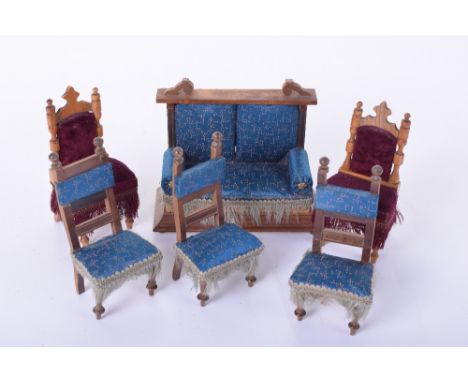 Dolls house silk upholstered sofa and chairs, German 1880s, two seater sofa with and three chairs with blue and pink dotted s