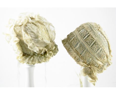 Two Babies Bonnets, circa 1905, baby bonnet lined with silk crepe, frilly cotton batiste and Valenciennes lace, brim decorate